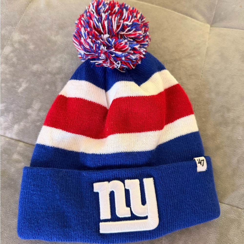 New York giants blue and Red Knit Beanie with Pom